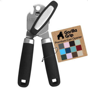 GORILLA GRIP Stainless Steel Manual Can Opener, Soft Touch Handle, Built-In Bottle Opener, Black