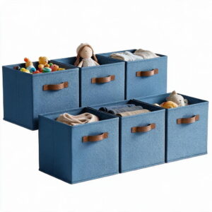 GRANNY SAYS Cube Storage Bins with PU Leather Handles, Collapsible Fabric Bins for Closet Dorm Organization, 6-Pack, Dusty Blue, 11 Inch