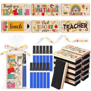 Gueevin 12 Set Back to School Teacher Gifts Bulk Include Novelty Wood Chalkboard Eraser Black Ink Ribbon Marker Teachers Appreciation Gift from Student for Back to School Classroom Essential