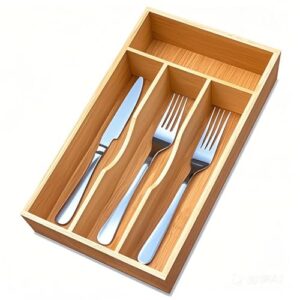 guiogc Bamboo Kitchen Drawer Silverware Organizer, 7 Inch Silverware Utensils Tray Holder for Small Drawer, Wood Caddy for Flatware Cutlery Knives 4-Slots