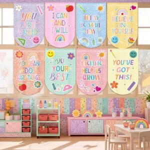 Hahafelt 8 Pcs Pastel Composition Classroom Curtains 36" x 24" Back to School Positive Affirmations Curtains for Kindergarten Daycare Primary First Day of School Bedroom Playroom Classroom Decor