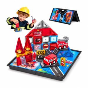 hahaland Mini Magnetic Tiles Travel Toys Fire Station Rescue with Trucks | Magnetic Building Blocks with 2 Cars, Case 2-in-1 Road-Themed Box, Montessori Gifts for 3-6 Year Old Toddler