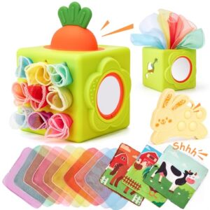 hahaland Silicone Baby Tissue Box Toy - Montessori Baby Toys 6-12 Months | 6-in-1 Soft Busy Activity Cube with Scarves, Crinkle, Textures, Mirror, Sensory Popper, 6 7 8 9 Month Old Stocking Stuffers