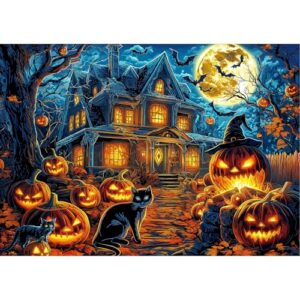 Halloween Puzzle for Adult 1000 Piece, Moonlit Ghost Cottage with Black Cat | Horror pumpkin lantern Challenging Unique Puzzles for Adults & Families, Educational Developmental Toys & Games, 28 x 20 In