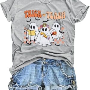 Halloween Shirts for Women Spooky Teacher T-Shirt Party Tee Tops Light Grey