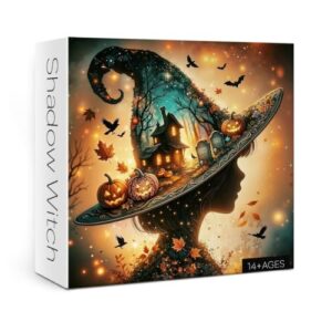 Halloween Witch Hat Puzzles for Adults 1000 Piece, Fall Spooky Haunted House Jigsaw Puzzle, Fantasy Horror Pumpkin Bat Puzzle