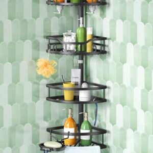 HAMITOR Corner Shower Caddy Tension Pole: Rustproof Stable 4-Tier Bathroom Organizer Shelves for Bathtub Shampoo Storage - 47-121 Inch Quick Install Adjustable Standing Rack with Soap Rack - Black