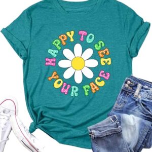 Happy to See Your Face Shirt: Women Funny Teacher T-Shirt First Day of School Shirts Groovy Back to School Tee Top(Cyan, X-Large)