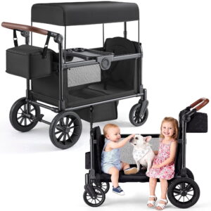 HARPPA Stroller Wagon for 2 Kids, Foldable Wagon Stroller with 5-Point Harness, Bench Seat, Outdoor Toddler Stroller, Black
