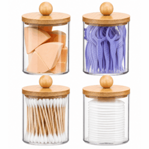 HBlife 4 Pack Qtip Holder Dispenser with Bamboo Lids - Clear Plastic Apothecary Jar for Makeup Storage - Bathroom Set