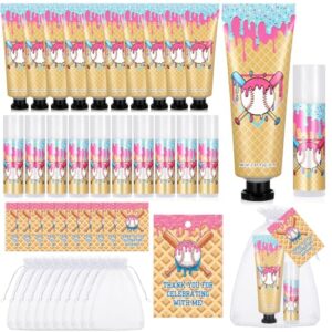 Heigble 30 Sets Baseball Drip Party Favors Ice Cream Drip Baseball Hand Cream and Lip Balm Bulk with Organza Bag Thank You Tag for Teen Adults Sport Party Favor Team Birthday Gifts