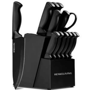 HENKELIVING Knife Set, 13PC German Stainless Steel Knives with Ergonomic Handles, Built-in Sharpener Block, Dishwasher Safe, Black