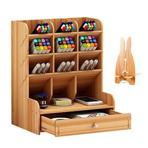 Hggzeg Wooden Desk Organizer, Multi-Functional DIY Pen Holder Storage Box Desktop Stationary Storage Rack for Home, Office and School (B11 Cherry Color)