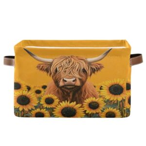 Highland Cow Sunflower Shelf Storage Baskets,Foldable Storage Bins with Handles,Rectangular Organizer Bin Gift Baskets Decor for Bedroom Home Office