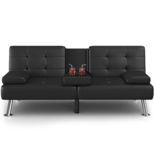 Homall Futon Sofa Bed Faux Leather Couch Modern Convertible Folding Recliner with 2 Cup Holders