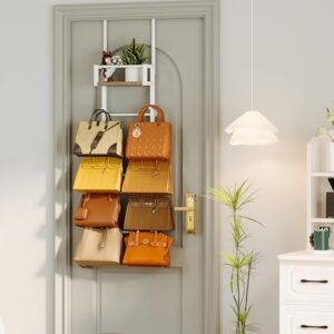 Homeiju Over The Door Purse Organizer for Closet, Bag Organizer Handbag Storage with Iron & Wood Construction, Purse Rack for Wall or Door, Heavy Duty Purse Hanger for Backpack, Tote, Loungefly, Beige