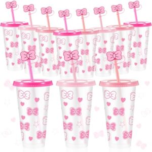 Honeydak 12 Pcs 24 oz Pink Cat Plastic Cups with Lid Straw and Straw Covers