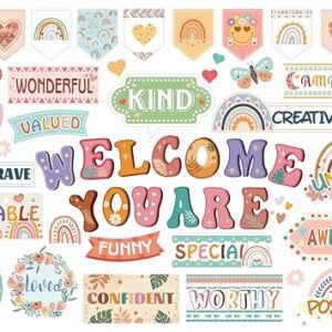 HOWAF 39pcs BOHO Affirmation Station Bulletin Board Set, Rainbow Inspirational Cutouts for Welcome Back to School Classroom Decor, Positive Accents Cut-Outs for First Day of School Chart Wall Supplies
