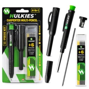 Hulkies Professional 4 in1 Carpenter MULTI-PENCIL, 11pc Universal ALL IN ONE Deep Hole MARKER KIT incl. Comfort Grip, Quiver, 7 Leads & sharpener Austrian Engineering (1 Pencil Kit Black/Green)