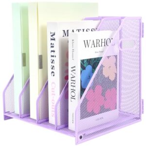 ideallife Desk Organizers, Metal Magazine File Holder with 4 Vertical Compartments Rack Binder File Organizer for Office Supplies, Home Workspace - Purple