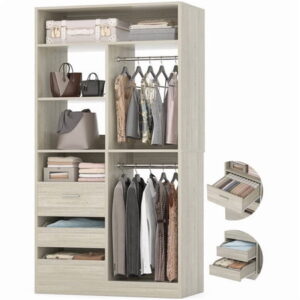 iSunirm 36" Free Standing Walk-in Closet System with 3 Wooden Drawers, Closet Organizer System with Hanging Rods and Storage Shelves, Heavy Duty Closet for Bedroom, 36"L x 16"W x 80"H, White Oak