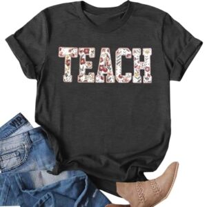 Ithalt Teacher Shirts: Womens Floral Embroidered Teacher T-Shirt Teacher Life Short Sleeve Tops Cute Teacher Gifts(Grey, XX-Large)