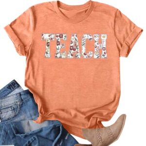 Ithalt Teacher Shirts: Womens Floral Embroidered Teacher T-Shirt Teacher Life Short Sleeve Tops Cute Teacher Gifts(LightOrange, Small)