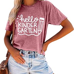 JANISOFTYALL Hello Kindergarten Teacher Shirt Women First Day of Kindergarten Shirt Casual Short Sleeve Tee Top Blouse Pink