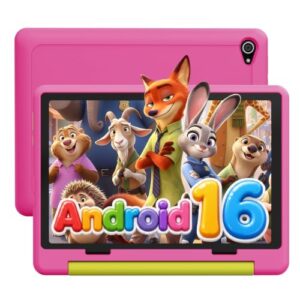 Jeazans Kids Tablet, Android 16 Tablet for Kids 10 inch with Case, 24GB RAM 64GB ROM 1TB Expand, 6000mAh Battery, Face ID & Fast Charging, 5MP+8MP Dual Camera, WiFi 6, BT 5.4, Widevine L1, Pink