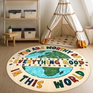 jinchan 4ft Round Rug Washable Fun Rug You are Worthy Playroom Mat for Kids