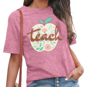 JINTING Teacher Shirts for Women Funny Kindergarten Teacher Shirt Cute Graphic Shirt Crewneck Short Sleeve Top Pink
