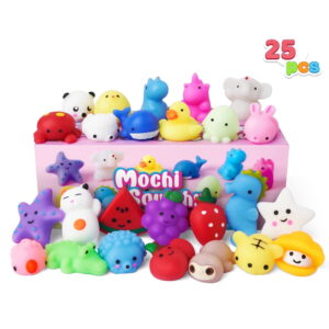 Joyfy 25 Pcs Mochi Squishy Toys for Kids Mini Kawaii Squishies Fidget Toys Animals & Fruit Stress Relief Toys for Birthday Party Favors, Classroom Prizes, Pinata Filler