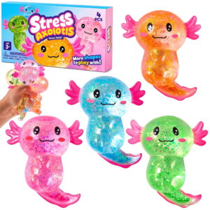 Joyfy 4PCS Axolotl Squishy Toys, Cute Glitter Axolotl Fidget Toys, Soft Squeeze Stress Relief Sensory Toys for Kids and Adults, Party Favors, Classroom Prizes, Birthday Gifts