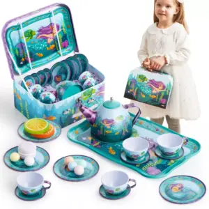 Joyfy Mermaid Tea Party Set for Girls, Pretend Tin Teapot Set with Teapot, Cups, Plates, Carrying Case, Princess Tea Time Play Kitchen for Christmas Birthday Gift