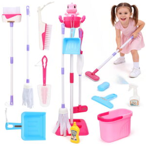 JoyStone 12 Pcs Dinosaur Kids Cleaning Set, Pretend Play Kit Toddler Role Play Toys Kids Broom and Mop Set for Girls Boys Age 3+, Christmas Birthday Gift for Girls Boys, Pink
