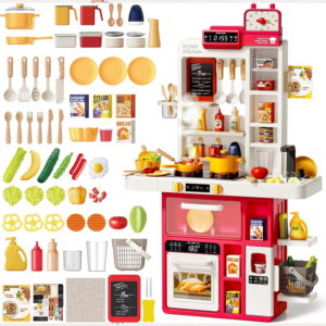 JoyStone 69PCS Kids Kitchen Playset,Play Kitchen Toy with Realistic Lights & Sounds,Pretend Steam, Play Sink & Oven, Menu Board & Other Kitchen Accessories Set for Toddlers