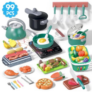 JoyStone 99PCS Kids Kitchen Toy Cookware with BBQ Play Food Toy Set,Kitchen Play Accessories with Pots and Pans,Cutting Food, Toys Gift for Toddlers, Green