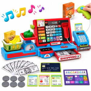 JoyStone Kids Cash Register with Scanner, Calculator, Conveyor Belt, Play Scale, Shopping Basket and Play Money, Pretend Play Shopping Toy for Ages 3+