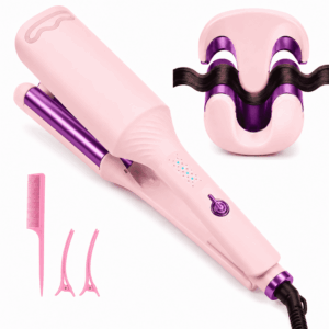 JUUTREN 3-Barrel Hair Waver Ionic Curling Iron, 2.3-Inch Hair Curler, Hair Crimper and Crimper Hair Tool with 4 Heat Settings, 30s Fast Heating, Dual Voltage, Comb and Hair Clips, Pink
