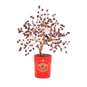 Karma and Luck July Birthstone Crystal Tree of Life, Ruby Gemstone Feng Shui Tree Decor with Evil Eye Base, Spiritual Birthday Gift for Home, Office & Meditation Space