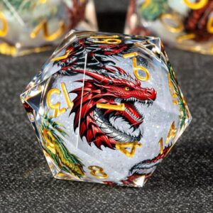 KERWELLSI Liquid Core Dragons Pattern Dice, Resin DND Dice Set with Gift Box, White and Gold Sharp Edged Dungeons D&D Dice, Role Playing Game Dice D20 D12 D10 D8 D6 D4