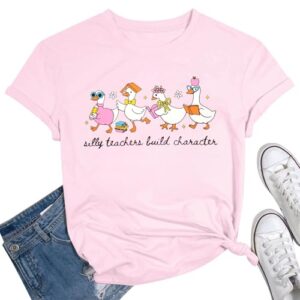 KIDDAD Teacher Shirts for Women Silly Teachers Build Character T-Shirt Pink | Womens Teacher Shirts Silly Teachers Build Character Shirt Teach Graphic Tee Summer Inspirational Teaching Tee Tops