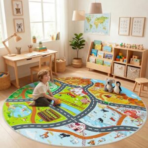 Kids Car Rug Play Mat for Toy Cars, Round 47" Town Country Barn Track Rug