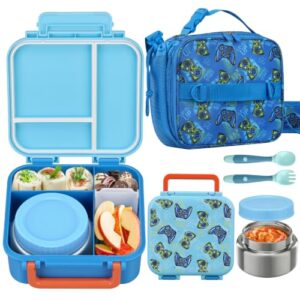 Kids Lunch Box Set with Bento Box, 9oz Stainless Steel Thermo & Insulated Lunch Bag – Hot & Cold Leakproof Lunch Container with Utensils for School & Travel, Blue Set
