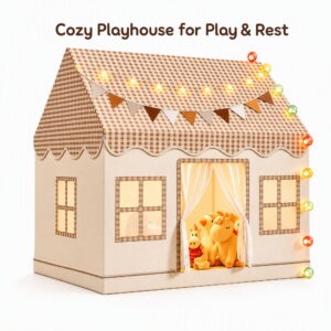 Kids Play Tent Indoor with Brown Checkered Roof - Cottage House Tent for Kids with Mat, Rainbow Bunting & Carry Bag, Indoor Playhouse for Girls Boys, Birthday Gift