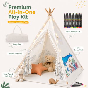 Kids Teepee Tent with 12 Acrylic Markers, DIY Paintable Play Tent with String Lights & Teepee Mat, 47" Large Indoor Outdoor Playhouse for 2-3 Children, Birthday Gift