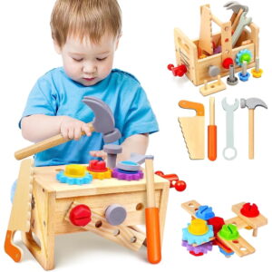Kids Tool Set for Boys - 29 Pcs Wooden Toddler Tool Workbench with Box, Montessori Stem Educational Pretend Play Construction Toy Birthday Gift for Boys Age 2-6