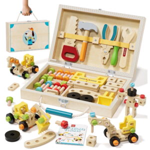 Kids Tool Set, Wooden Tool Set with Box & Tool Accessories, Montessori Educational Pretend Play Construction Toys for 3 Year Old Boys