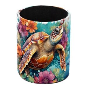 KikandKo Desk Organizer Pen Holder for Desk, Sea Turtle Flower Pencil Holder, Large Capacity Pen Cup Makeup Brush Holders Desktop Office Supplies Storage Organizer
