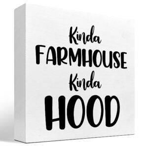 Kinda Farmhouse Kinda Hood Wood Box Sign Desk Decor,Rustic Wooden Block Plaque Sign Desk Decor for Country Home Farmhouse Living Room Shelf Table Decorations